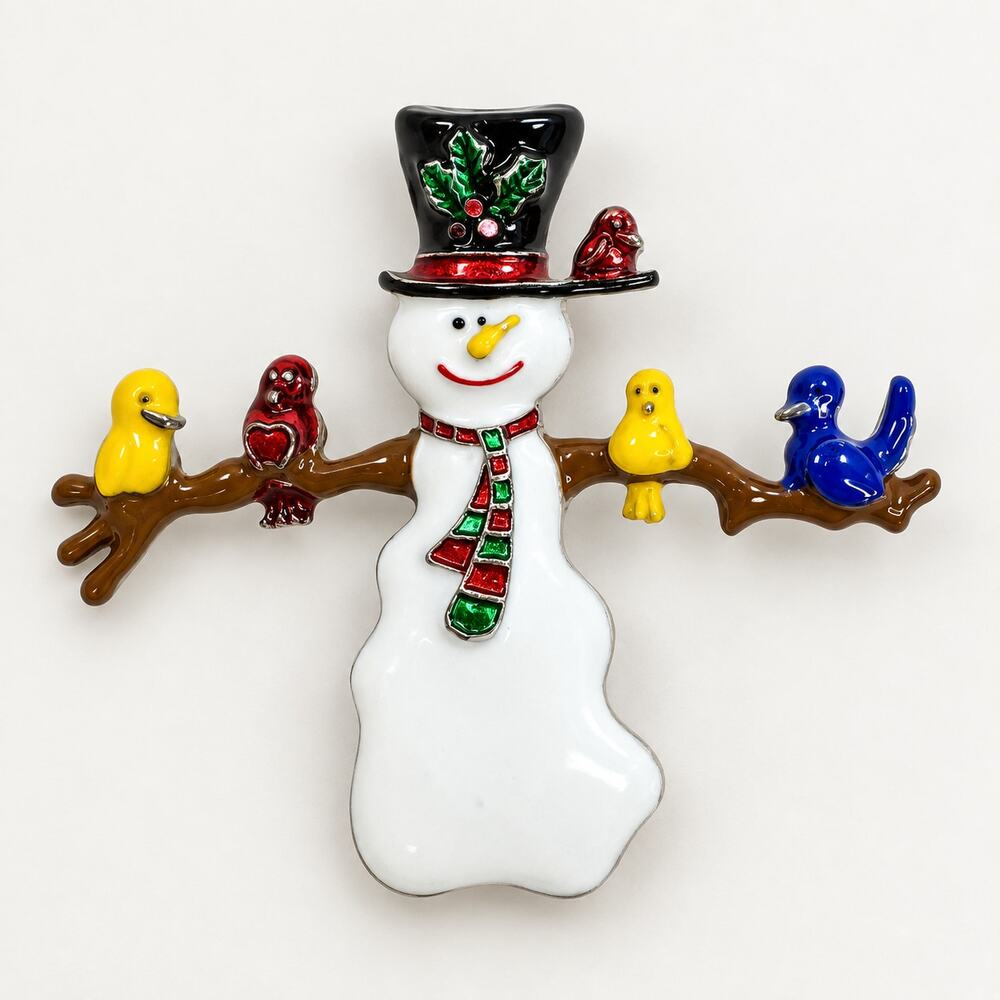 Snowman Brooch Pin Birds on Branch Rhinestone Christmas Holiday Jewelry CP175